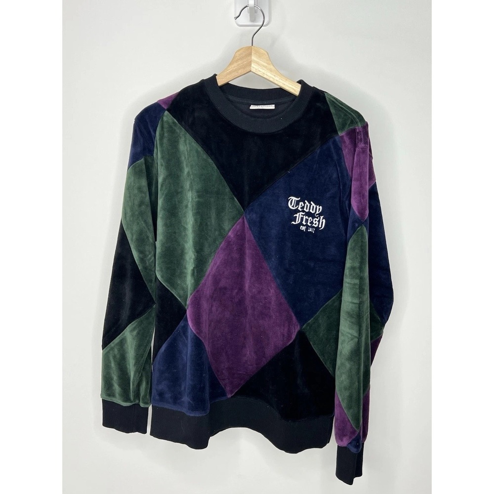 Teddy Fresh Velour Crewneck Diamond Patchwork Sweater Mens Large Velvet Pullover